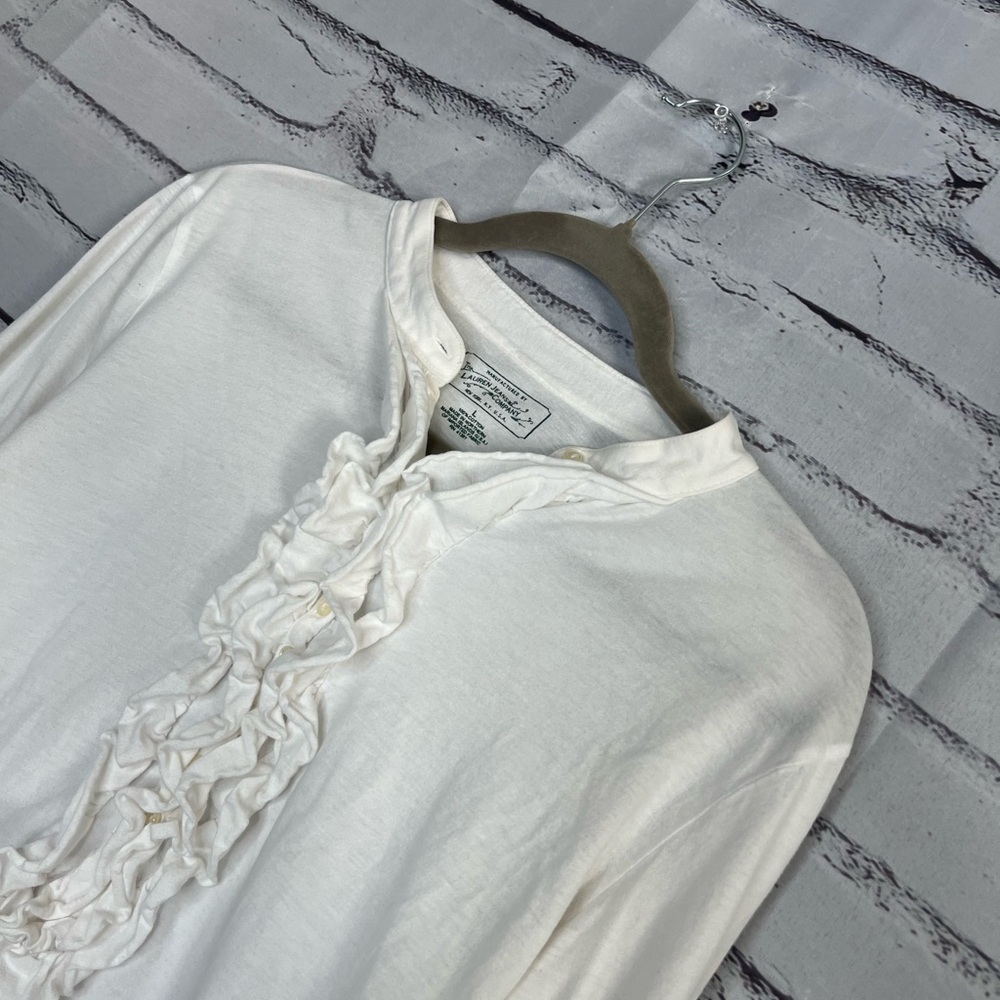 Vintage Lauren Jeans Co Ralph Lauren White Cotton Ruffle Half-Button Blouse L - Picture 7 of 14
